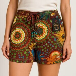 Junglee Billee Boho Mandala Print Viscose Shorts w/ Beaded Tie - S/M